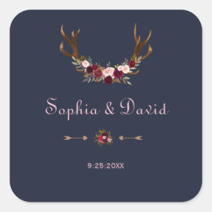 Sticker Carré Marsala Floral Antlers Marine Blue Winter Wedding