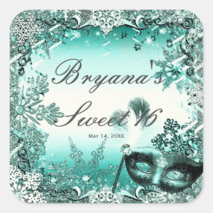 Sticker Carré Mascarade d'hiver et flocons de neige vert aqua sa