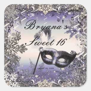 Sticker Carré Mascarade Violet et Argent & Flocons de Neige