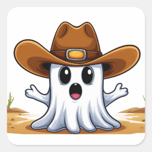Sticker Carré Mascotte de fantôme occidental de style cowboy 🤠