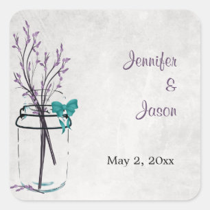 Sticker Carré Mason Jar avec branches violettes - Enregistrer la