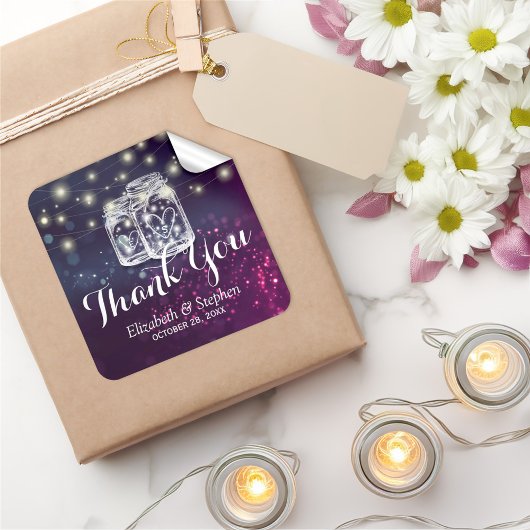 Sticker Carré Mason Jar & String Lights Mariage Favor Merci