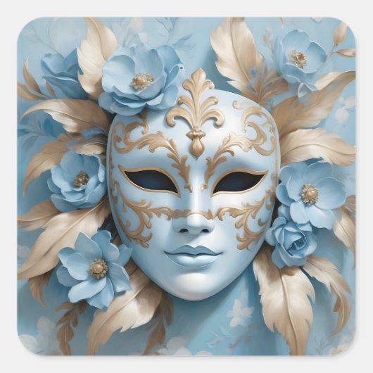 Sticker Carré Masque de carnaval bleu et or (Devant)
