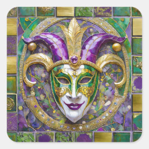 Sticker Carré Masque de Jester Mardi Gras Violet Vert Or