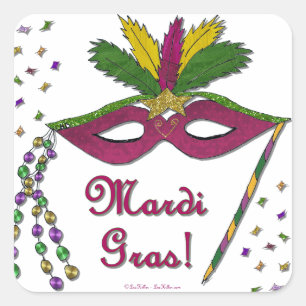 Sticker Carré Masque de Mardi Gras Plumes Perles
