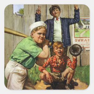 Sticker Carré Match de baseball vintage, enfant garçon joueur de