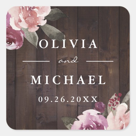 Sticker Carré Mauve violet $ mûrier fleurs mariage bois rustique (Devant)