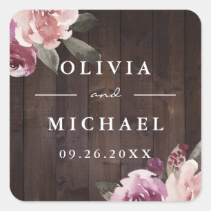 Sticker Carré Mauve violet $ mûrier fleurs mariage bois rustique