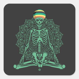 Sticker Carré Méditation squelette jamaïcain Yoga Halloween Yoga