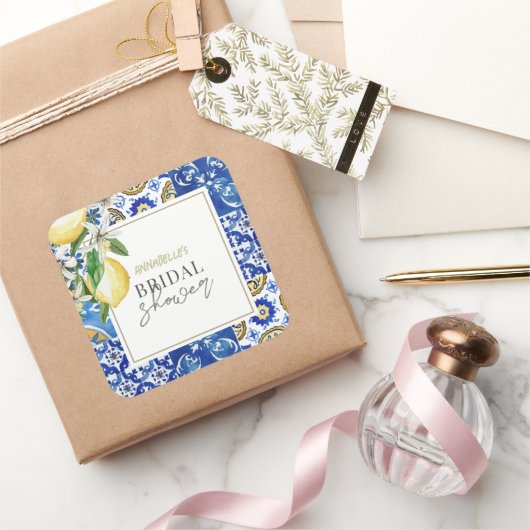Sticker Carré Mediterranean Blue Tile Citrus Lemon Bridal Shower (Cadeaux)