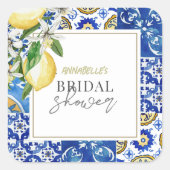 Sticker Carré Mediterranean Blue Tile Citrus Lemon Bridal Shower (Devant)