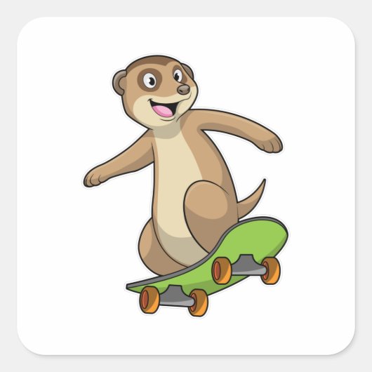 Sticker Carré Meerkat comme Patineur avec Skateboard (Devant)