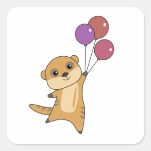Sticker Carré Meerkat Mouches Avec Ballons Animaux mignons Pour 