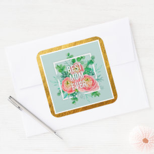 Sticker Carré Meilleure Maman du Monde Aquarelle Florale Vert et