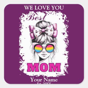 Sticker Carré Meilleure maman Messy Bun Maman Pansexual Drapeau 