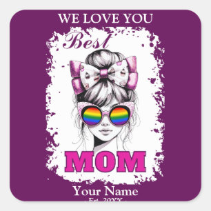 Sticker Carré Meilleure maman Messy Bun Maman Rainbow Flag Coule