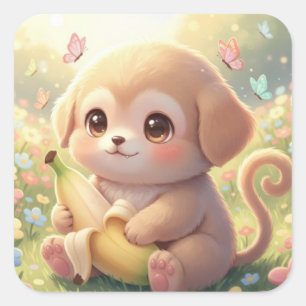 Sticker Carré Mélange adorable de chiot et de singe – Fantaisie
