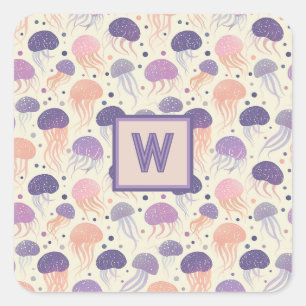 Sticker Carré Mélange de méduse pastel violet et monogramme oran