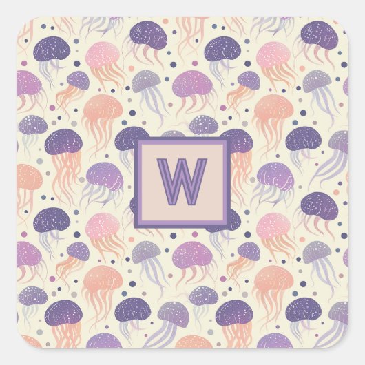 Sticker Carré Mélange de méduse pastel violet et monogramme oran (Devant)