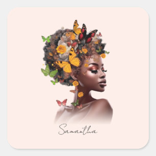 Sticker Carré Melanin Magic : cheveux afro et papillon coloré