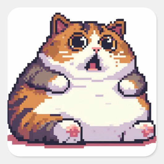 Sticker Carré Mème de chat gras orange choqué pixel art (Devant)