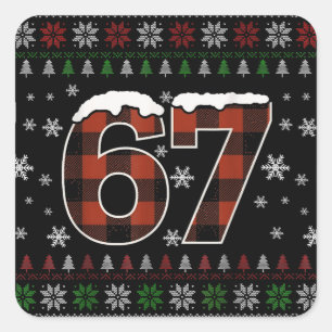 Sticker Carré Mème de Noël drôle “67” - Carreaux rouges et verts