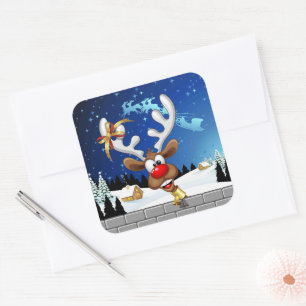 Sticker Carré Mème de Noël drôle de renne qui regarde par-dessus