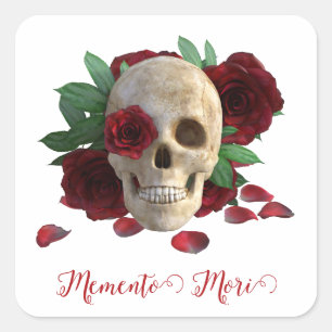 Sticker Carré Memento Mori. Crâne aux roses rouges