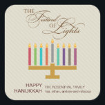 Sticker Carré Menorah coloré Hanoukka<br><div class="desc">Voici un graphique d'amusement recherchent un autocollant de Hanoukka. Un menorah coloré accentue un panneau coloré par taupe rayé avec un "festival des lumières" fleuri dans un traitement typographique ci-dessus. Un message customisé par special va dessous. Grand comme joints d'enveloppe ou pour coller sur des paquets ou des cadeaux de...</div>