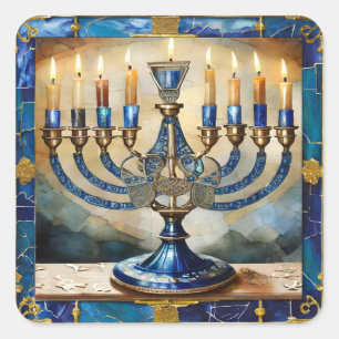 Sticker Carré Menorah de Hanukkah bleue