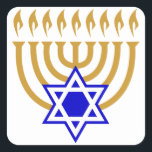 Sticker Carré Menorah et l'étoile de David<br><div class="desc">Ménorah d'or avec étoile bleue de David au fond du centre</div>