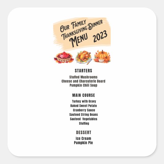Sticker Carré Menu du dîner Thanksgiving 2023 (Devant)