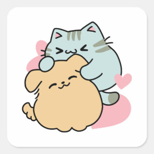 Sticker Carré Meow & Woof Perfect Together - Cute Cat and Dog