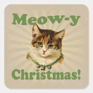 Sticker Carré Meow-y Christmas, Cute Holiday Cat Animal