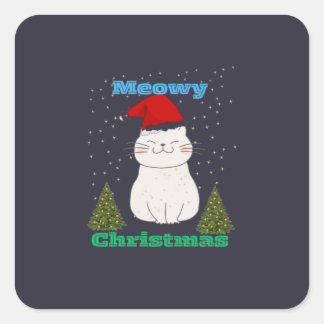 Sticker Carré Meowy Christmas Cute Cat Design | Funny Holiday Ca