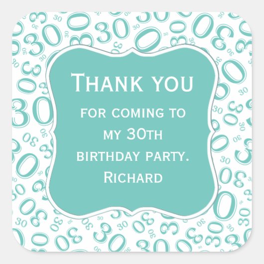 Sticker Carré Merci : 30e anniversaire Turquoise/blanc Motif num (Devant)