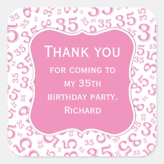Sticker Carré Merci : 35e anniversaire Motif rose/blanc (Devant)