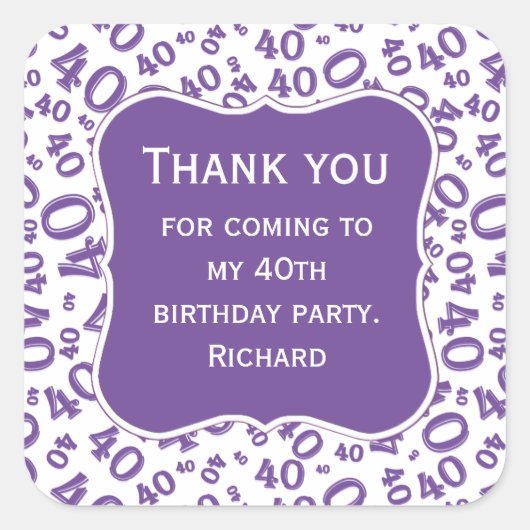 Sticker Carré Merci : 40e anniversaire Motif violet/blanc (Devant)