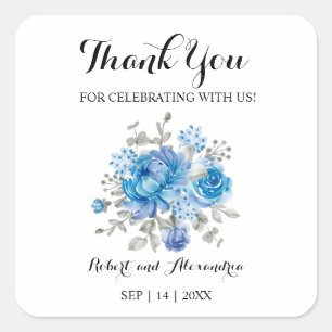 Sticker Carré Merci à fleurs bleues pour Mariage