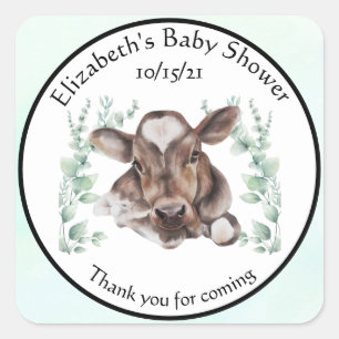 Sticker Carré Merci Baby shower Bébé Vache Calf Eucalyptus