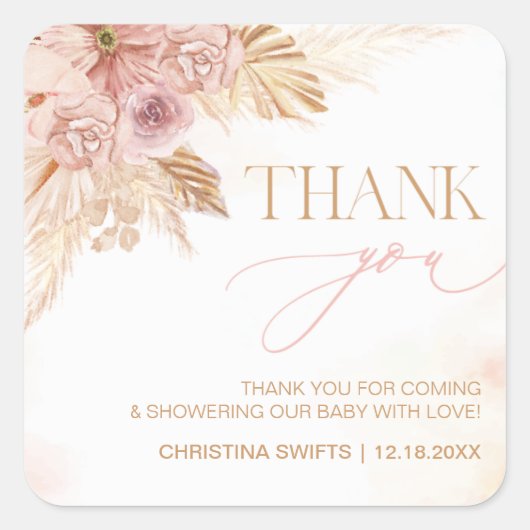 Sticker Carré Merci Baby shower Boho Pampas Thème Grass (Devant)