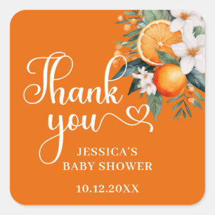 Sticker Carré Merci Baby shower orange Favoriser Classic Round