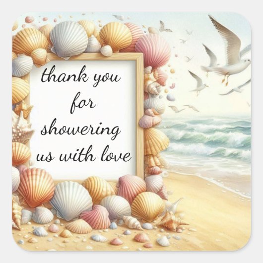 Sticker Carré Merci Boho Beach Shell Baby Shower Classique Rou (Devant)