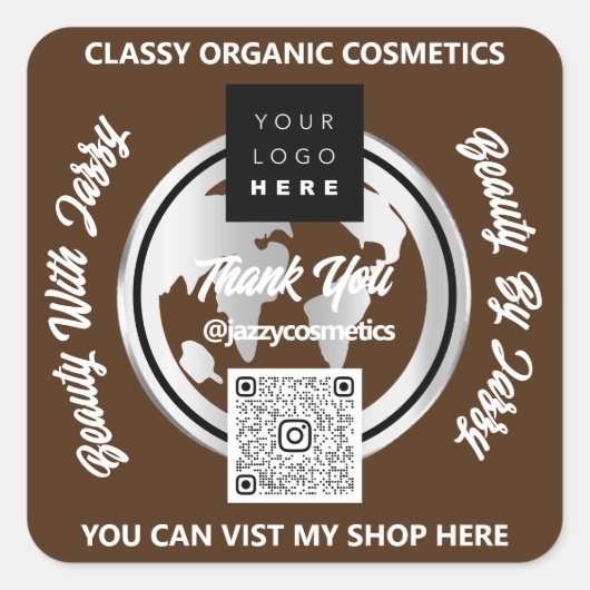 Sticker Carré Merci Business Logo QRCode Silver Map Globe Brown (Devant)