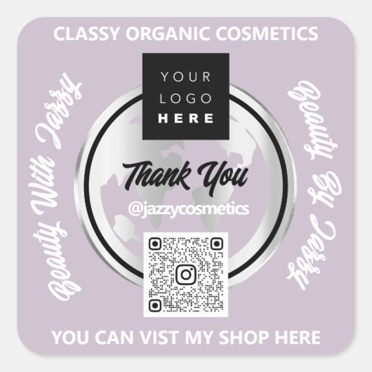 Sticker Carré Merci Business Logo QRCode Silver Map Globe Purple (Devant)