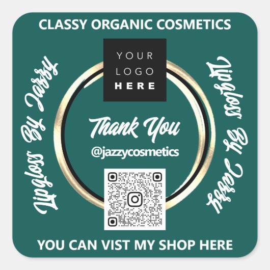 Sticker Carré Merci Business QR Code Logo Gold Turquoise Green (Devant)