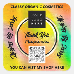 Sticker Carré Merci Business QR Code Logo Holographique Jaune