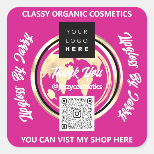 Sticker Carré Merci Business QR Code Logo Or Rose (Devant)