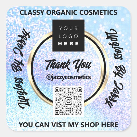 Sticker Carré Merci Business QR Code Logo Parties scintillant bl (Devant)
