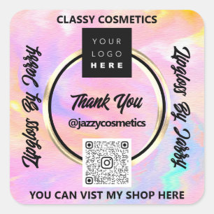 Sticker Carré Merci Business QR Code Logo Rose Holographique Sca